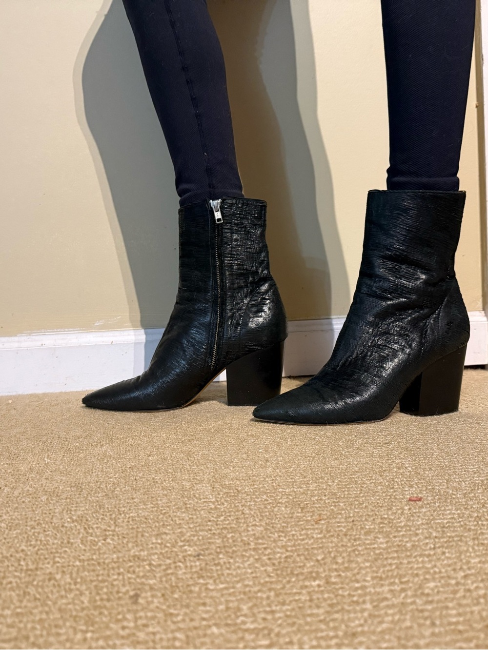 IRO Black Textured Pointed Toe Block Heel Ankle Boots